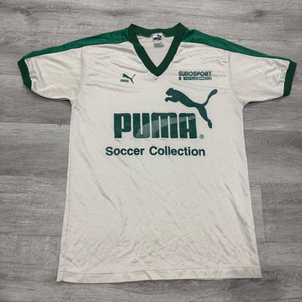 Vintage 80's Puma Soccer Collection Jersey White Green Made in USA V-Neck Large